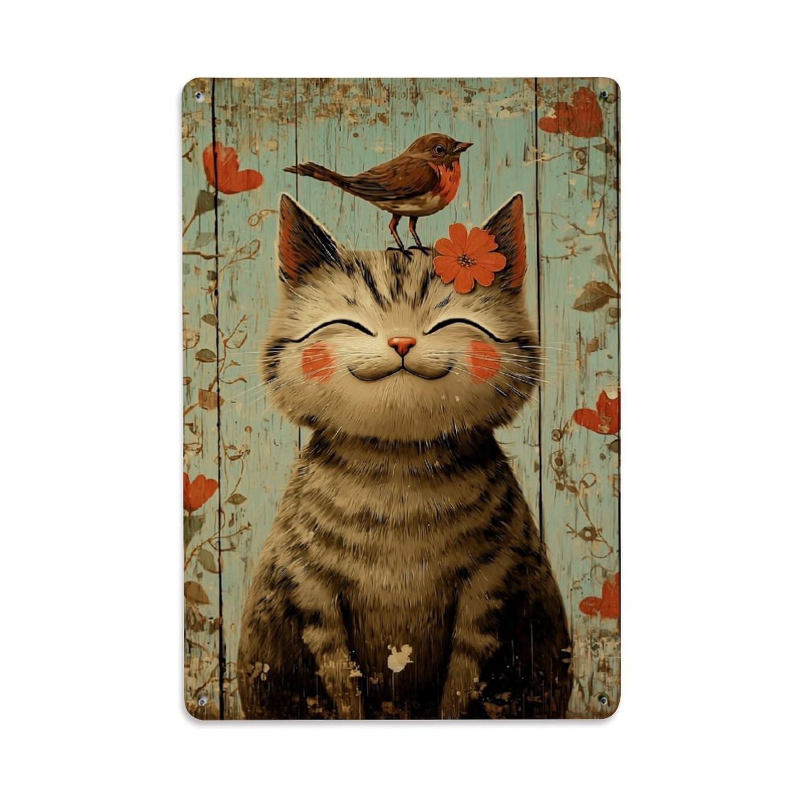 Nestemfo Vintage Smiling Cat With Bird And Flower Tin Sign Metal Sign, Living Room,Bar, Home, Bedroom Wall Decor,Retro Metal Poster 8X12 Inches