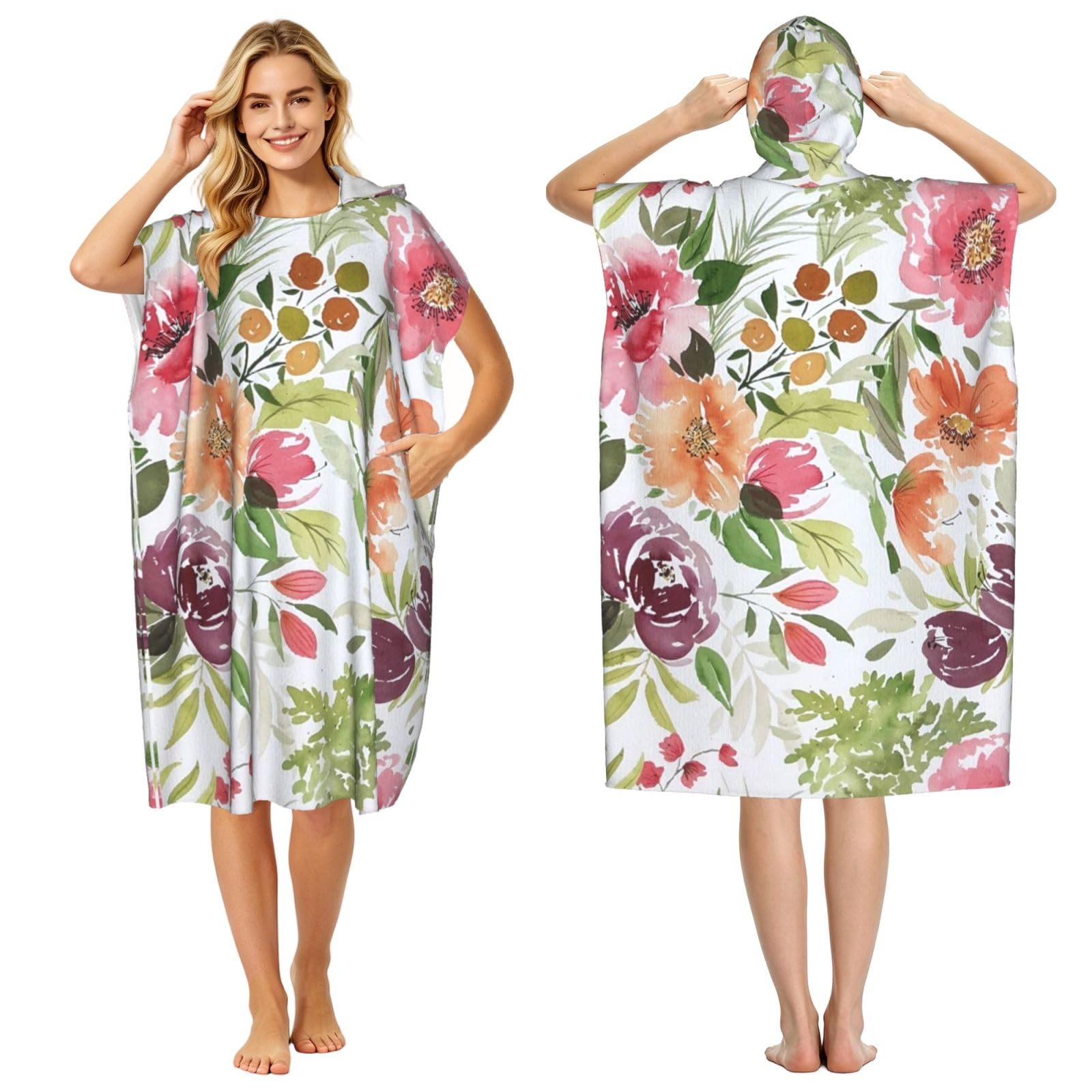 Poadnly Peach Peony, Adult Hooded Beach Towel 90 x 110 cm,Changing Bath Robe, Surf Poncho Towel For Women Men