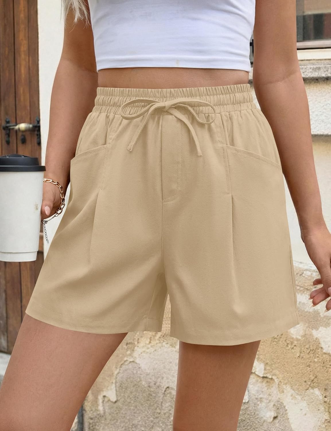 AKEWEI Linen Shorts Women Casual Wide Leg High Waisted Summer Pants Comfy Elastic Waist Drawstring Shorts with Pockets - Image 2