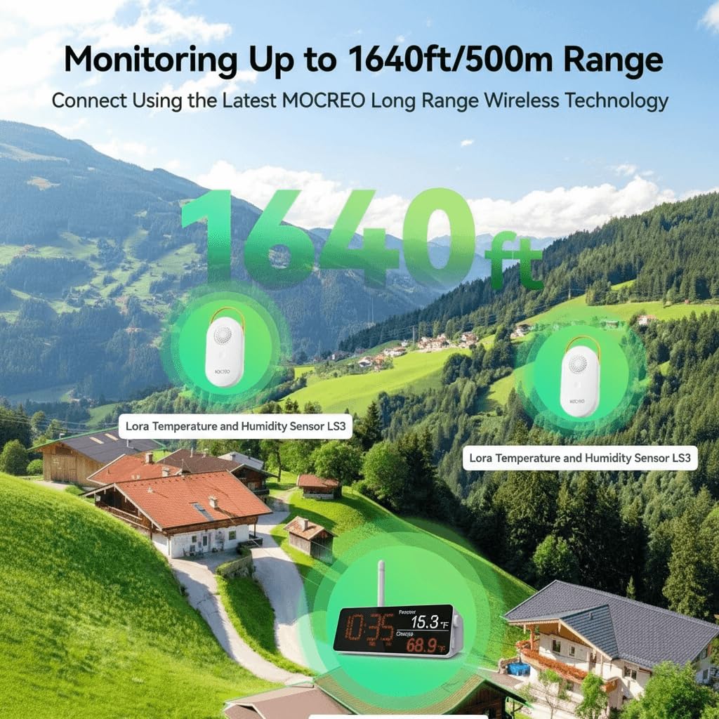 MOCREO Indoor Hygrometer Thermometer LS3, 1640ft Long Monitor Range, Smart Wireless Humidity Temperature Sensor with Remote Alert, 2-Year Free Data Storage Export, for House, Wine Cellar, Basements
