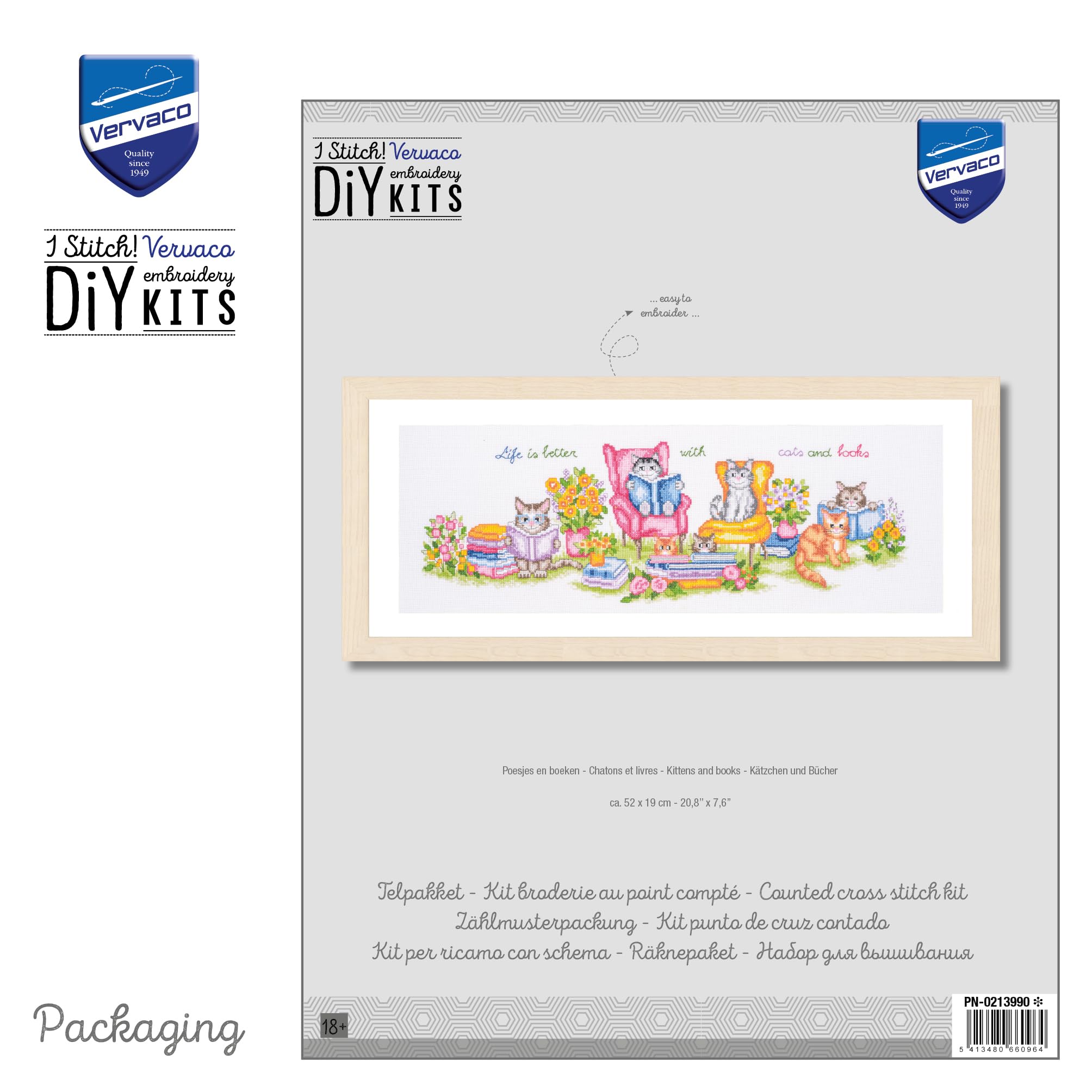 VERVACO Haft Krzyżykowy Liczony Zestaw Obraz do Haftu KOCIĘTA I KSIĄŻKI Zrób to Sam Zestaw Kreatywny dla Dorosłych 52 x 19 cm Dekoracja Ścienna DIY Cross Stitch Kit