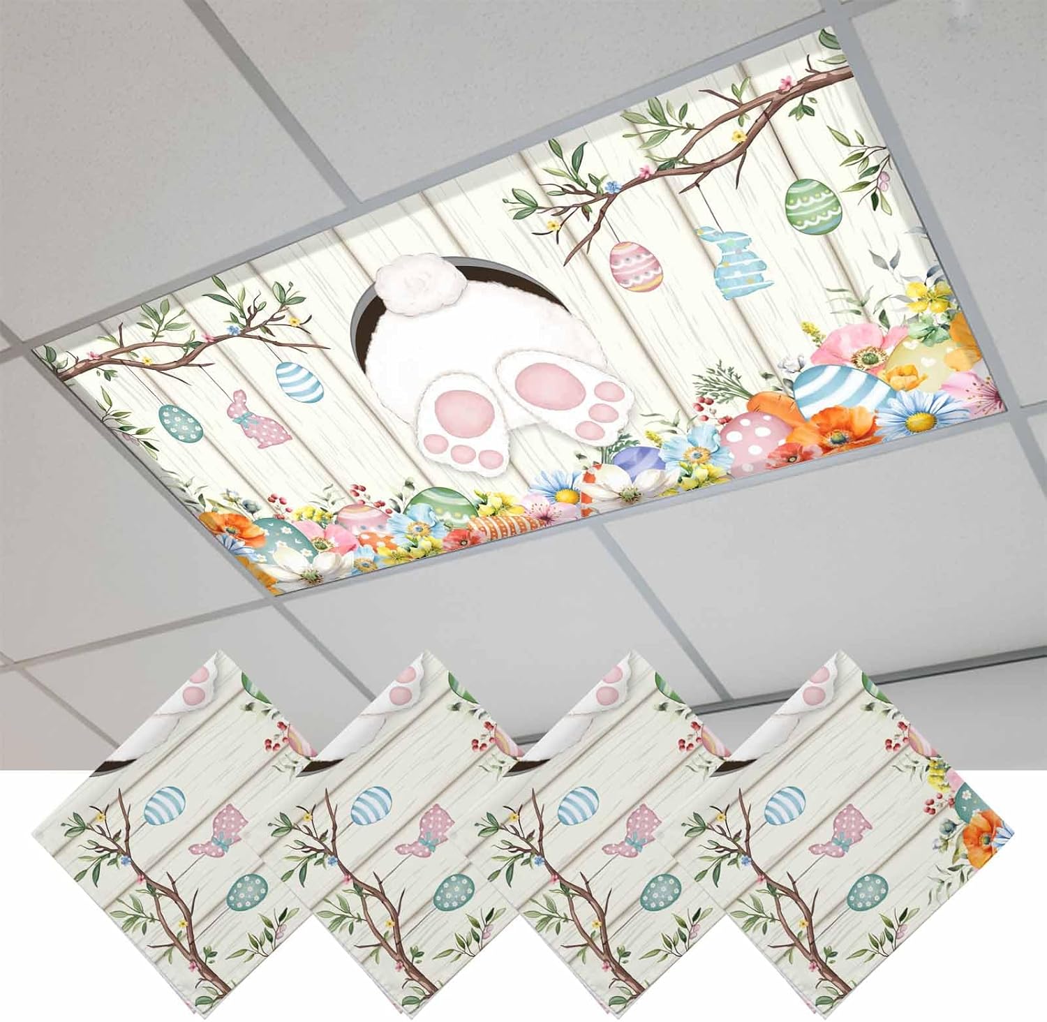 2x4 ft Fluorescent Light Cover for Ceiling Spring Easter Bunny Eggs Magnetic Light Filters, Farm Blue Pink Floral Ceiling Lampshades for Home School Office 4Pcs