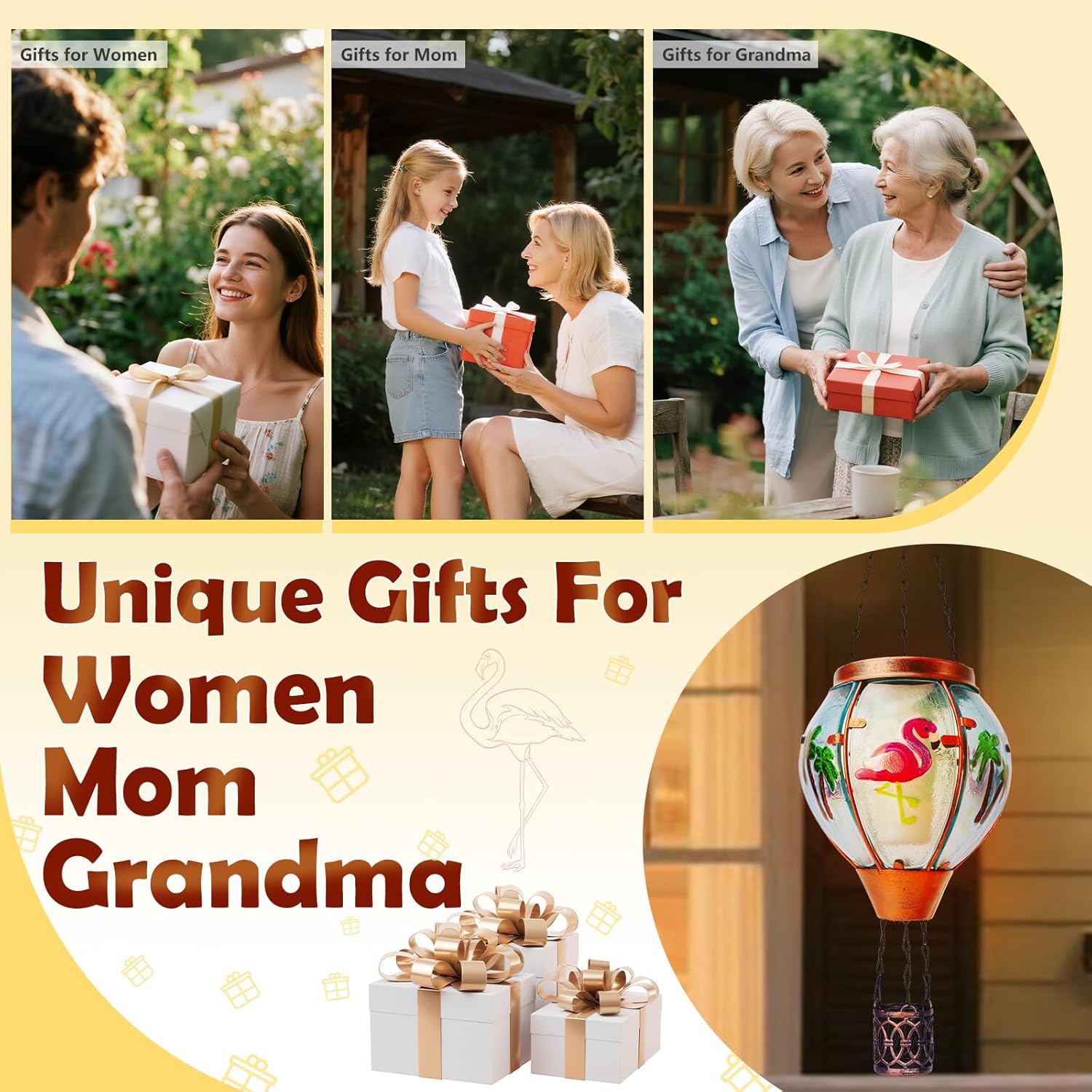 Flamingo Solar Hot Air Balloon Lantern, Outdoor Decor with Flame Lights Waterproof, Hanging Lights for Garden Yard Lawn Patio, Unique Gifts for Women Mom Grandma Gardener for Mother'Day 1 Flamingo