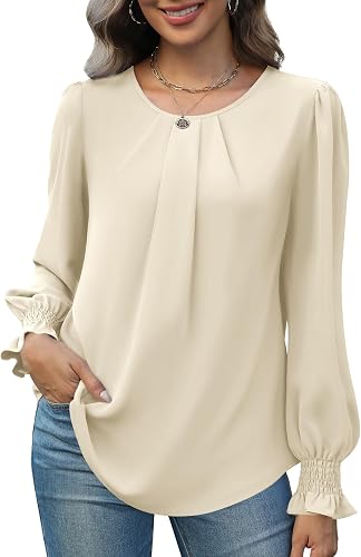 Womens Tops Dressy Casual Smocked Long Sleeve Shirts Crew Neck Loose Chiffon Tunics Office Work Blouses