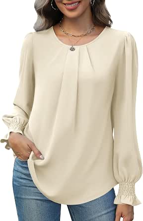 HTHJSCO Women's Velvet Puff Sleeve Top - Long Sleeve Crewneck Smocked Blouse, Dressy Casual Tunic