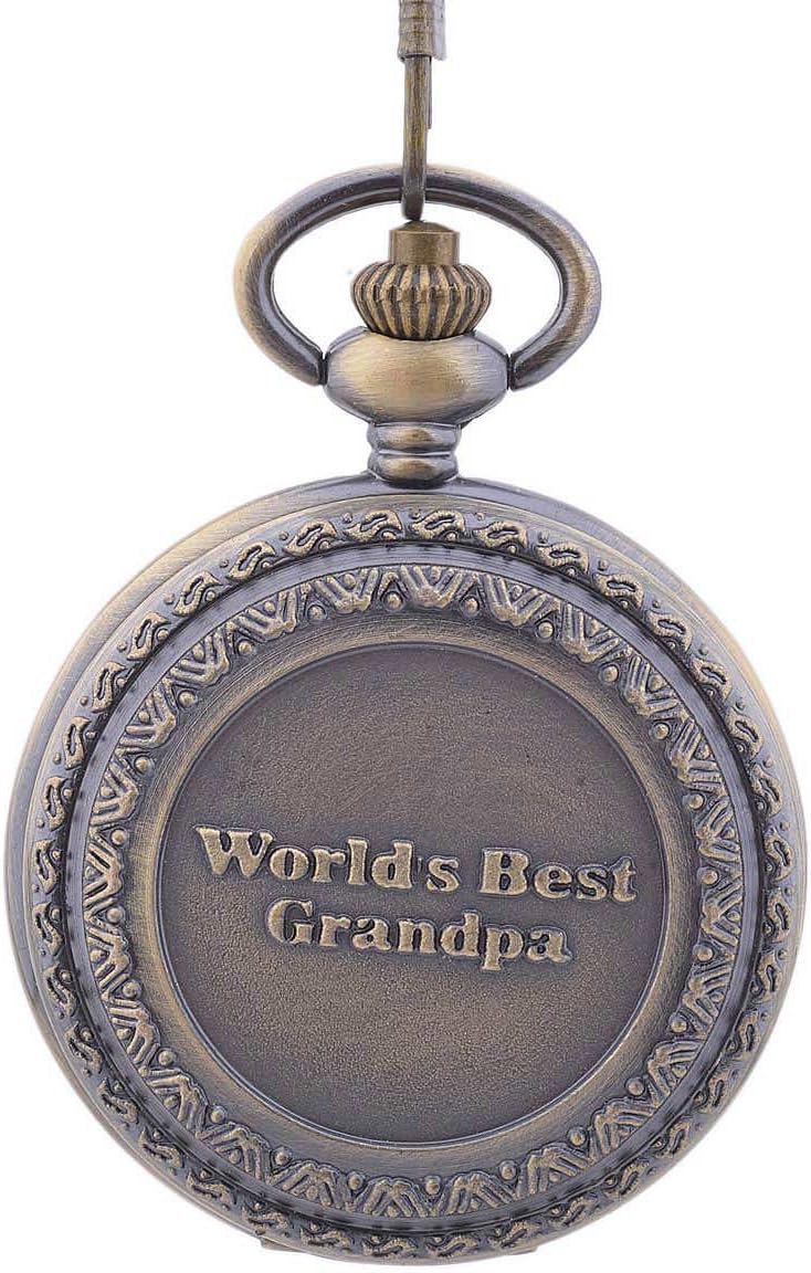 Hydia World's Best Grandpa Design Gift Pocket Watch Chain Quartz Value Quality Roman Numeral Antique Look