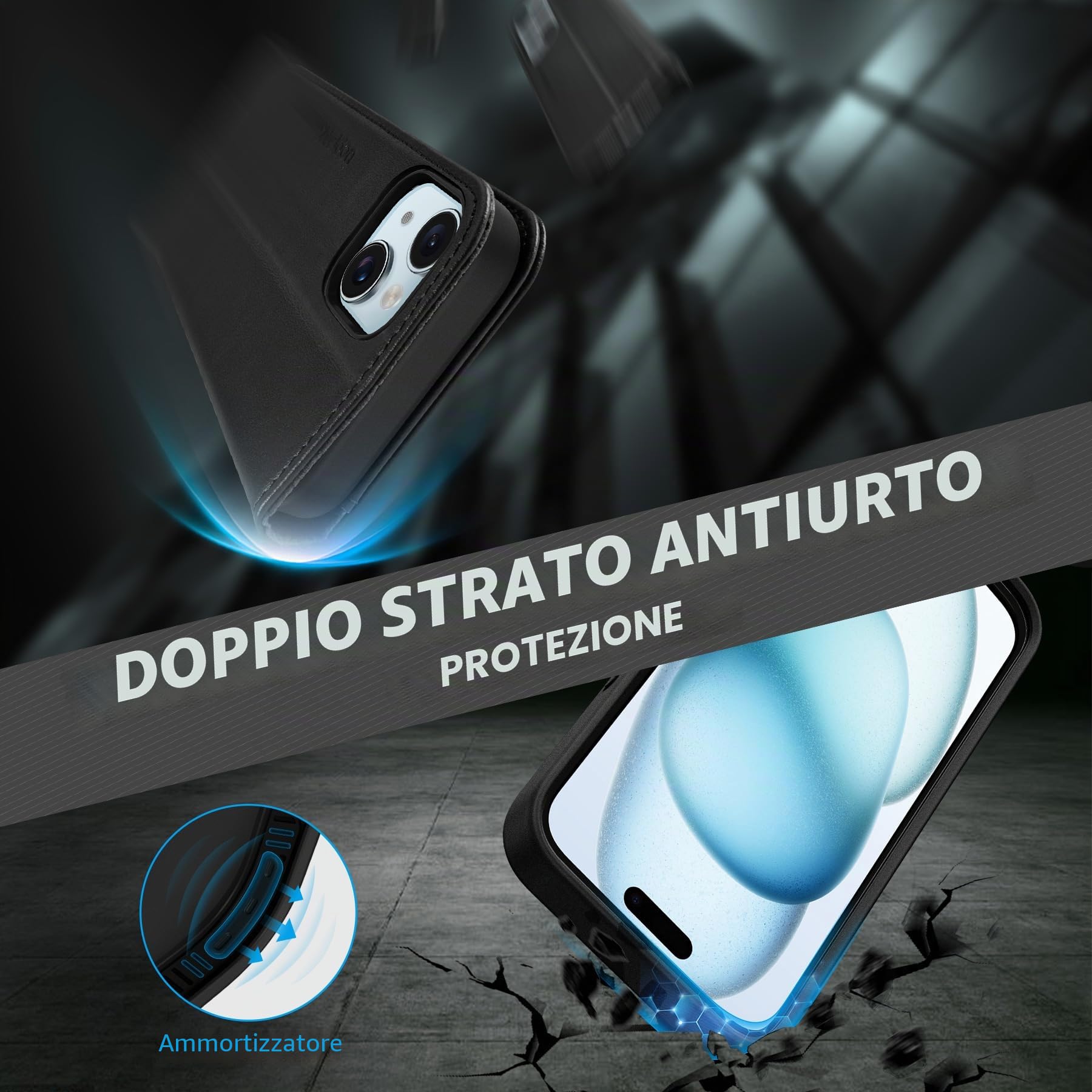SHIELDON Custodia 2 in 1 in Vera Pelle per iPhone 15 6,1" 5G 2023, Nero