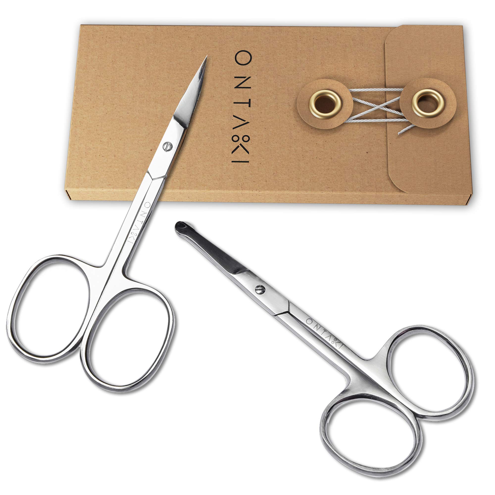 Ontaki2 Pack Nail, Facial Grooming & Nose Hair Scissors - 1 Curved Blade Tip & 1 Safety Blunt Rounded Tip - Perfect Facial Set for Trimming Moustache, Beard, Nose, Ears, Eyebrow (Silver)