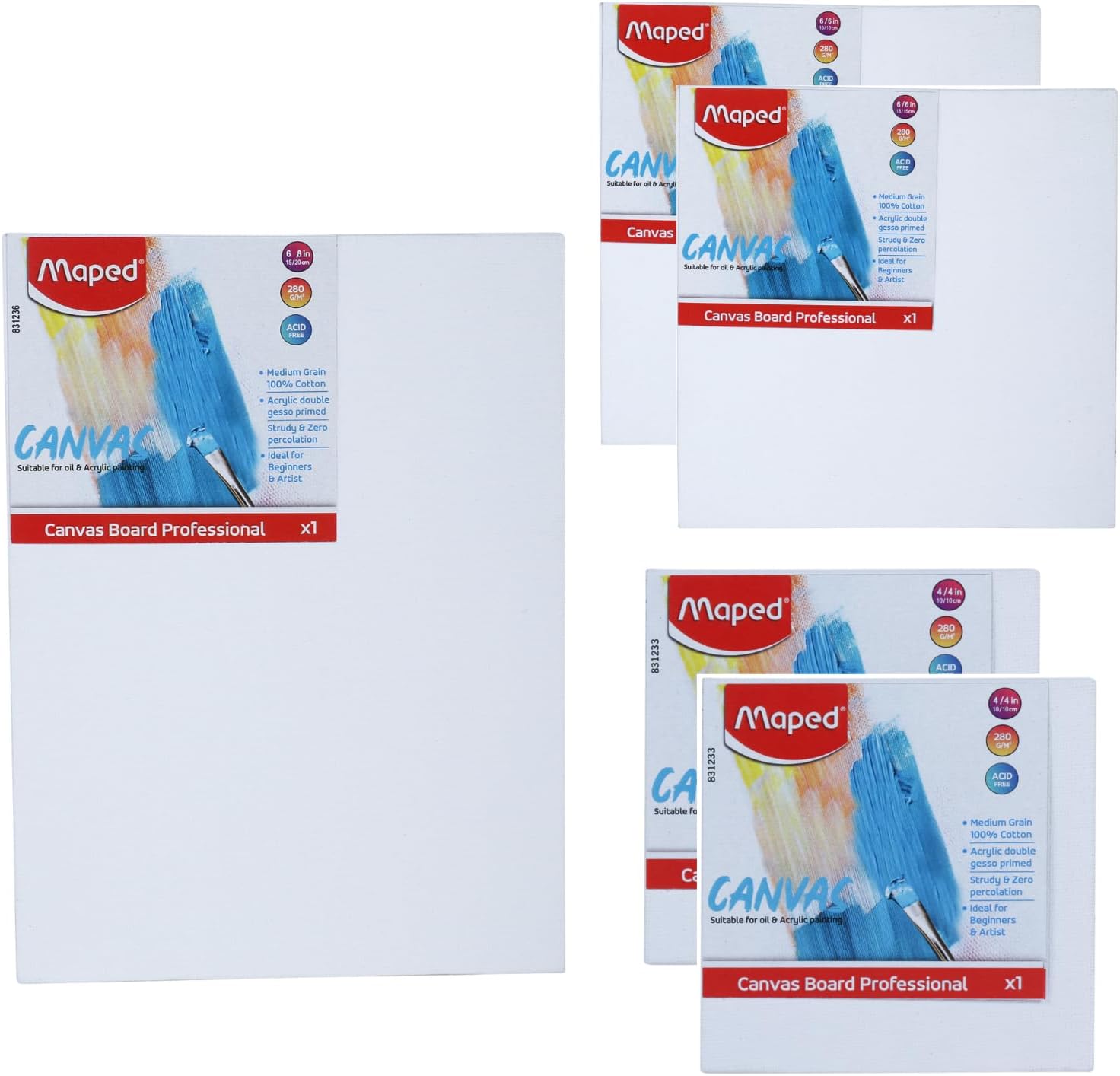 Maped Canvas Board Set-5pcs|6" x 8"- 1pc, 6" x 6"- 2Pcs & 4" x 4"- 2Pcs|Canvas Board Set|Ideal for Acrylic Colour, Oil Paint & Poster Colour|Birthday Gift| Return Gift|Canvas Painting|Canvas Panel