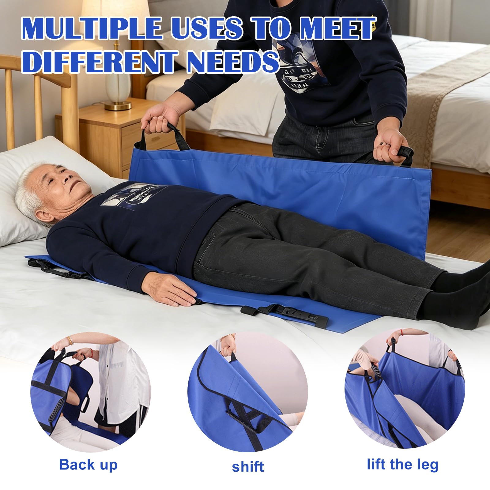 Tabla de transferencia para levantadores de pacientes, 100 x 120 cm, paño deslizante para postrados en cama con 8 asas reforzadas, tabla de transferencia de pacientes, plegable, toalla antideslizante