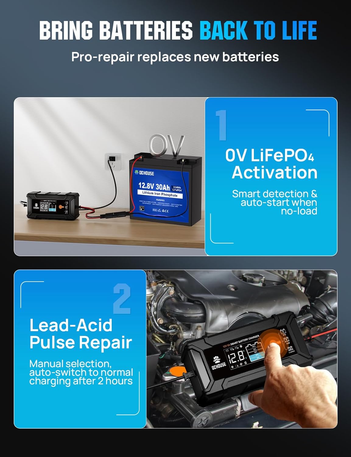 DC HOUSE 12V 5A Battery Charger, Smart LiFePO4 & Lead Acid Charger, Trickle Charger Maintainer & Desulfator for Car, Motorcycle, Automotive Batteries
