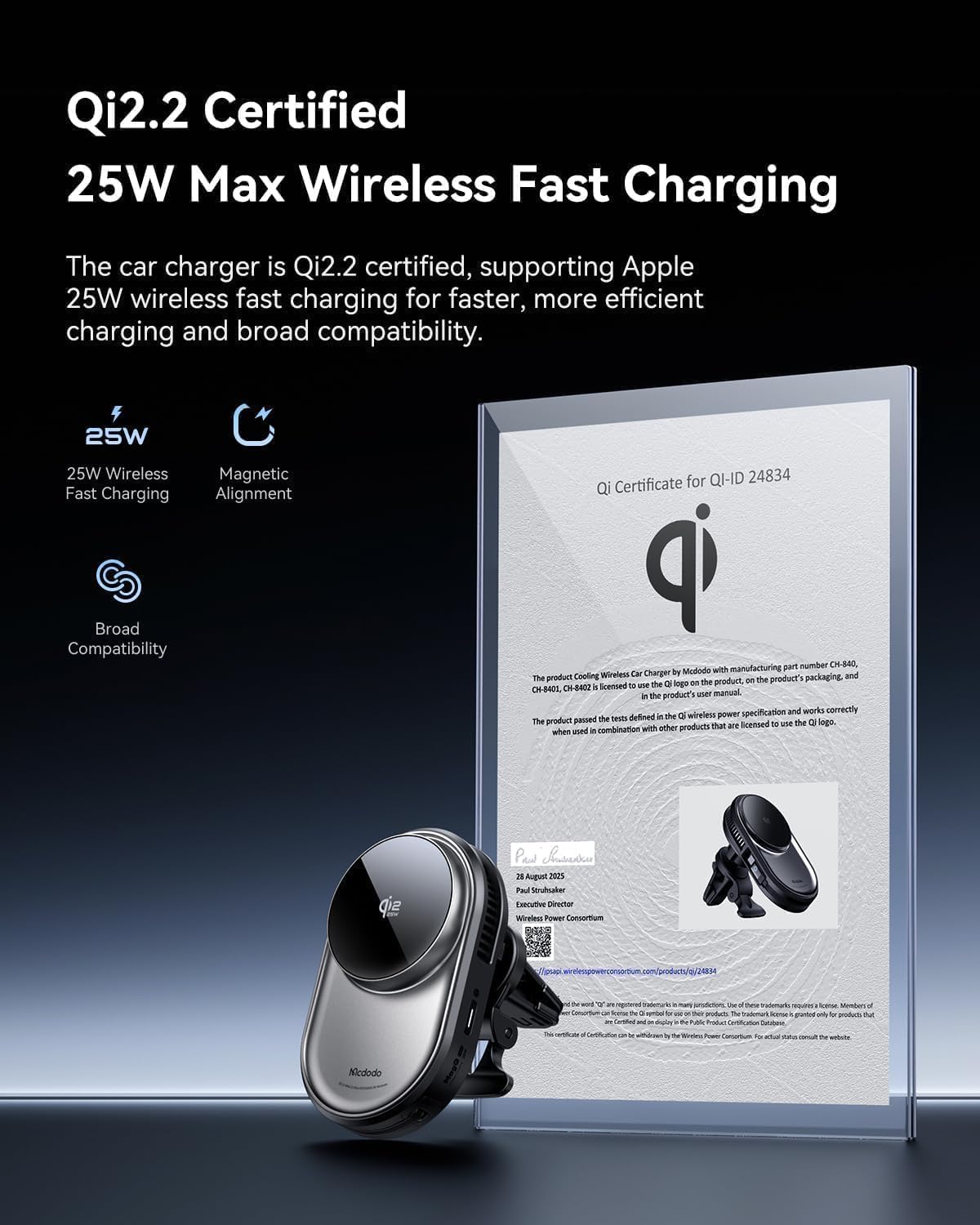 Mcdodo Qi2.2 25W Ładowarka Samochodowa MagSafe z Kablem 77cm, Podwójne Chłodzenie TEC, Magnes N52, Obrót 360° do Kratki i Deski, Kompatybilny z iPhone 12-17