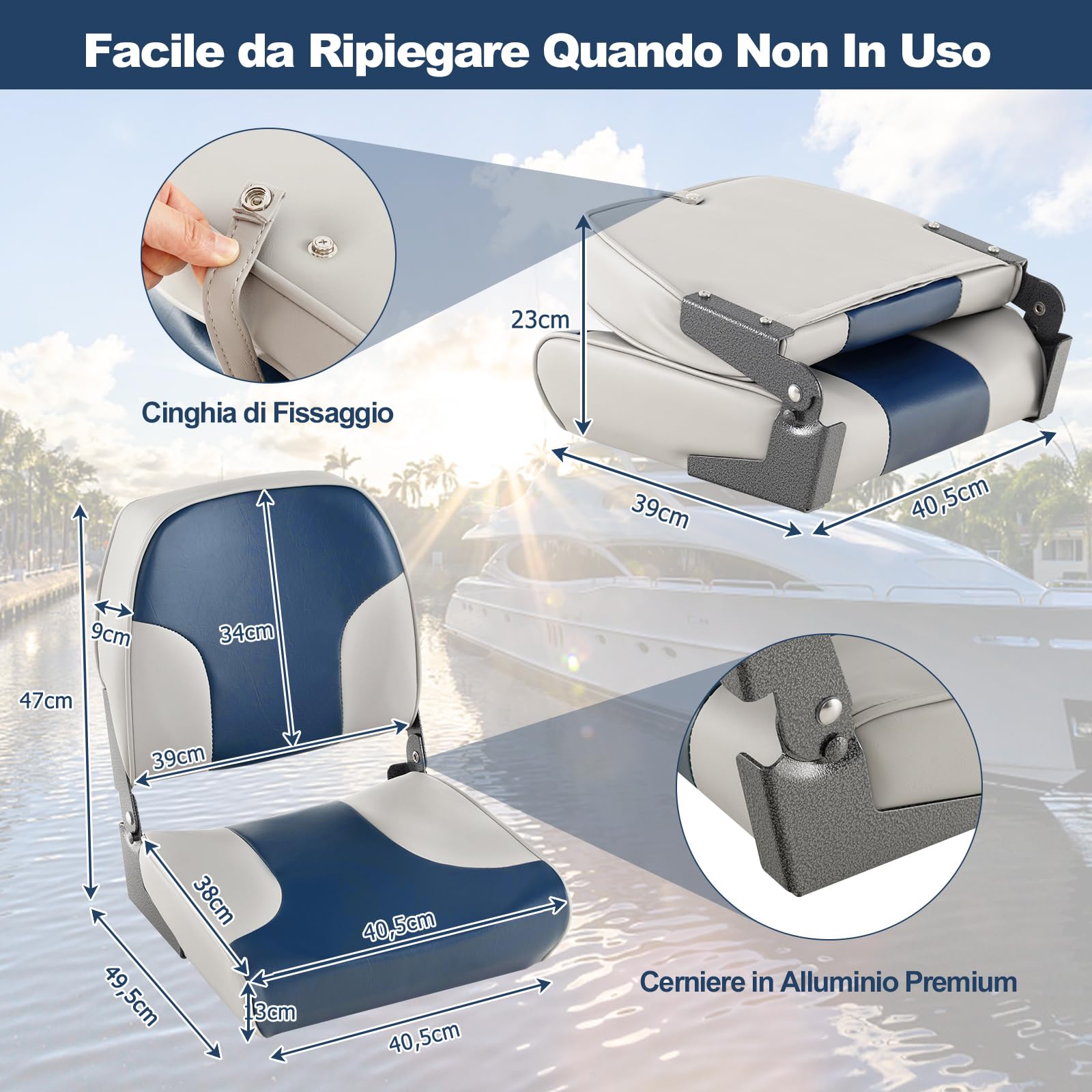 GYMAX Set di 2 Sedili da Barca Pieghevoli, Sedie da Barca Imbottite con Schienale Ergonomico Bassa, Resistenti alle Intemperie, Adatte per Yacht, Barca da Pesca (Blu)