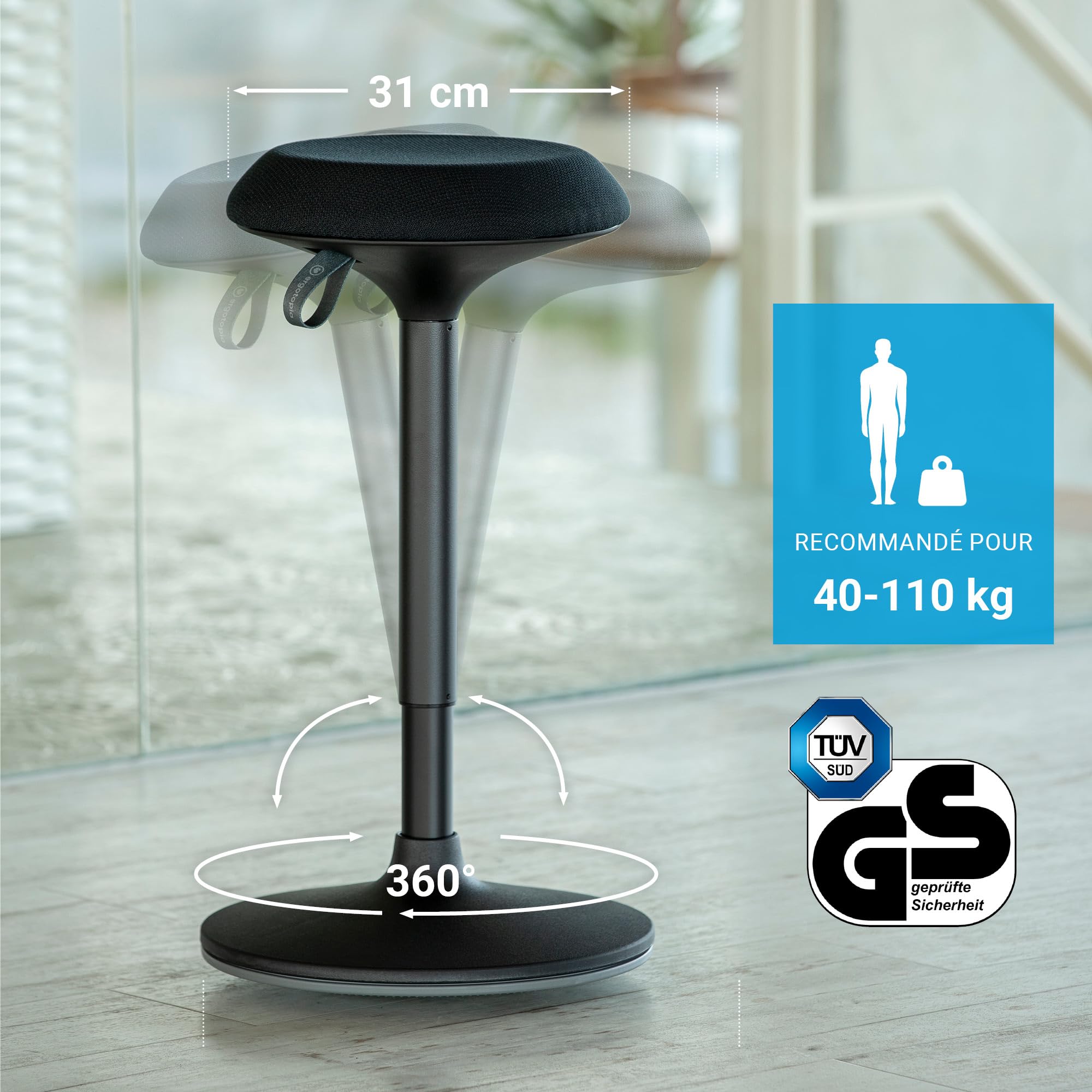 Ergotopia Tabouret Ergonomique Dyko - Tabouret de Bureau avec Effet Oscillant - Assise Réglable de 56 à 83 cm - Siège Rotatif à 360° avec Pied Dynamique - Chaise Haute Assis Debout