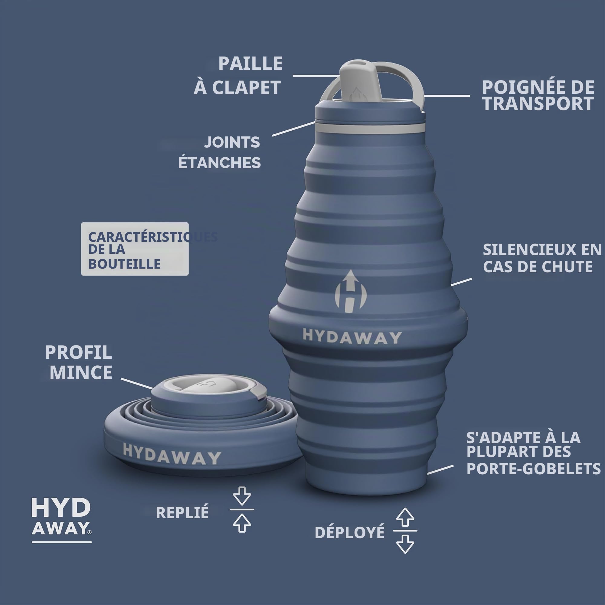 HYDAWAY - Bouteille d'eau pliable, couvercle à rabat, facile à emporter, pratique lors de vos déplacements, silicone de qualité alimentaire, 750 ml
