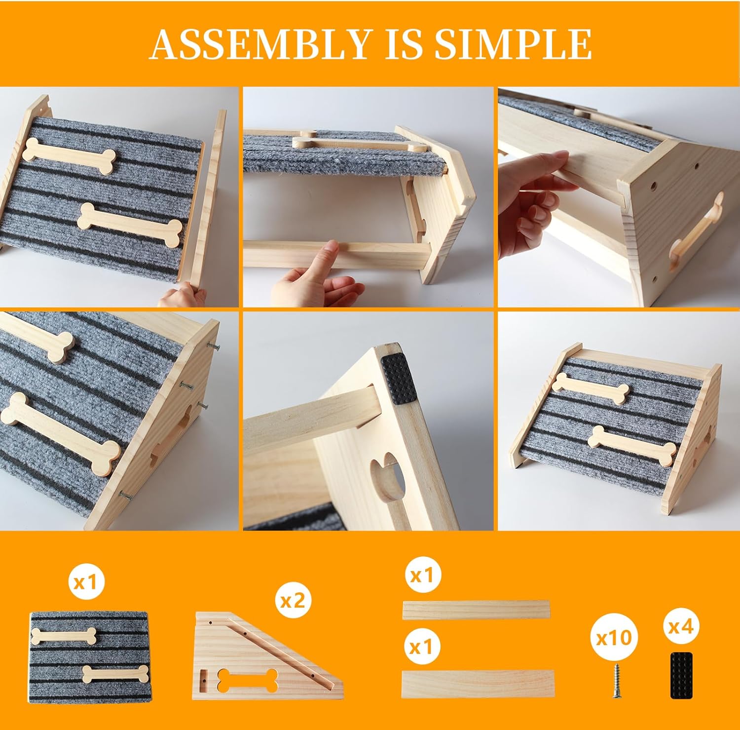 2-Pack Wooden Pet Stair Ramp - Felt Surface with Non-Slip Ribs Natural Pine Wood Suitable for Small Medium Dogs, assists Senior Dogs and Injured Pets up and Provides a Safe Indoor Passageway.