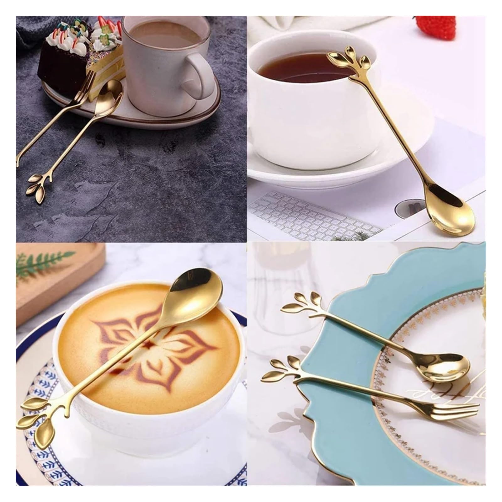 12 pezzi creativi in ​​​​acciaio inossidabile foglie cucchiaio forchetta da frutta cucchiaio da caffè dessert gelato scoop accessori da cucina set di posate (Color : 12PCS Rosegold Set)