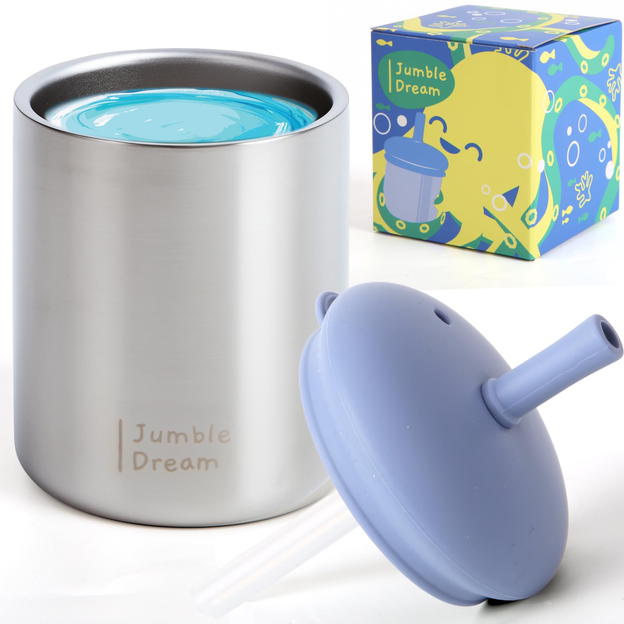 Jumble Dream Stainless Steel Toddler Straw Sippy Cup 210ml, Double Wall Insulated Spill Proof Open Cup and Straw