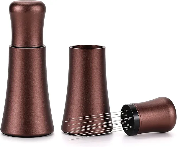 WDT Tool Espresso Distribution Tool - 10 Needle Espresso Coffee Stirrer I 0.35mm Professional Barista Pavant Coffee Stirring Distribution Tool,Aluminum Alloy Handle with Stand (Matte Brown)