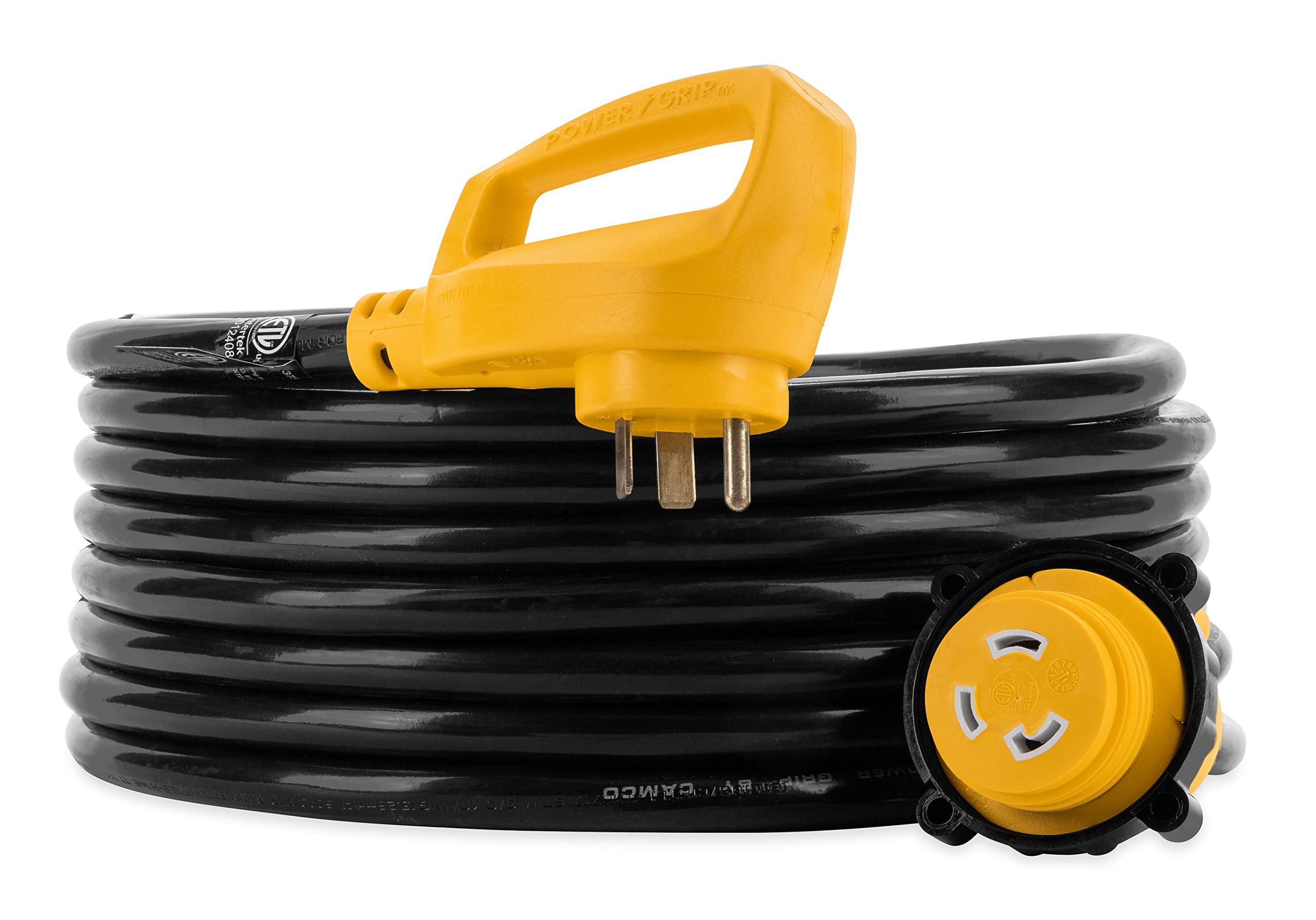 Photo 1 of Camco 25' PowerGrip Extension Cord with 30M/30F- Straight Locking Adapter | Allows for Easy RV Connection to Distant Power Outlets | Built to Last (55501), Black and yellow