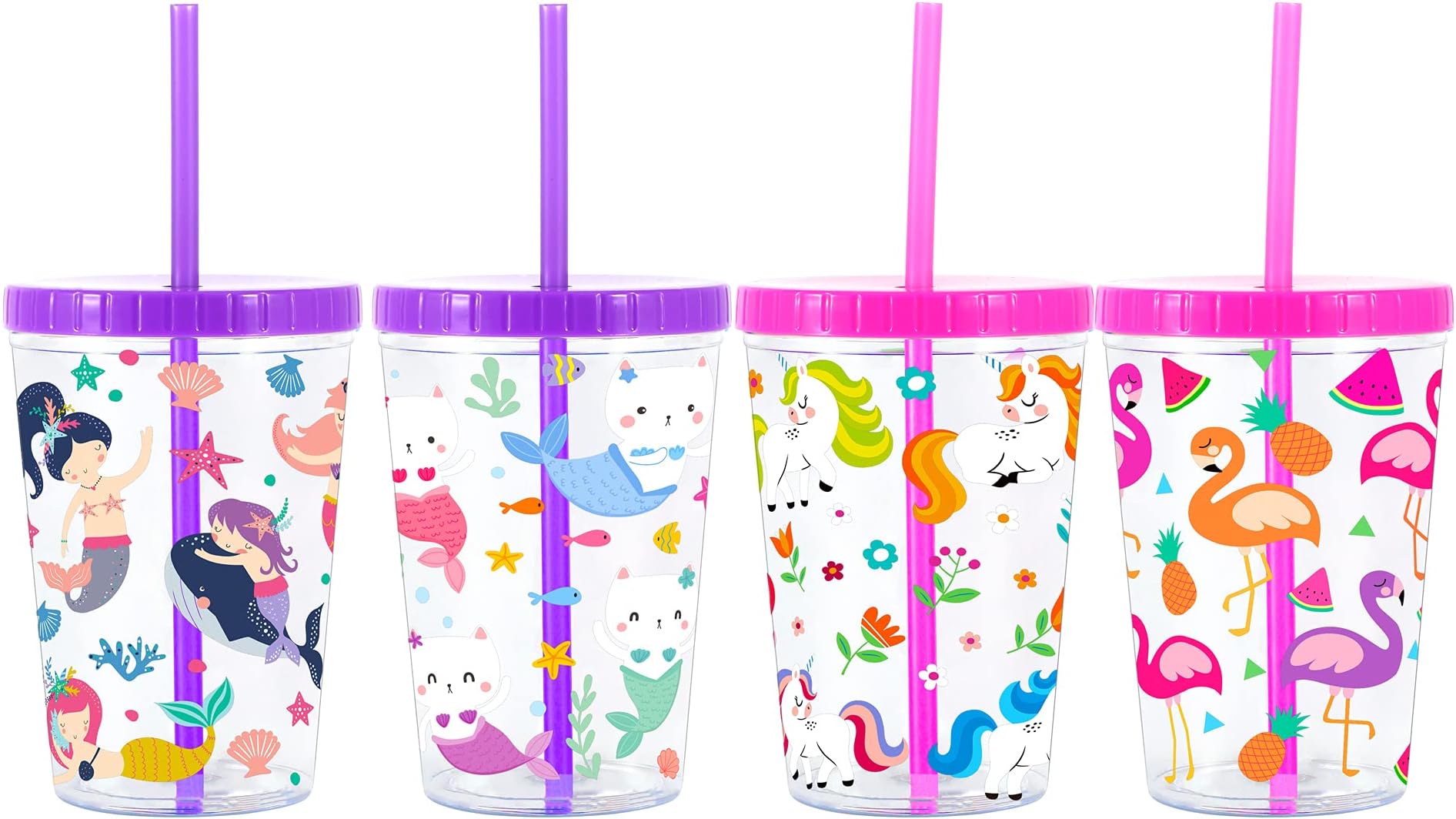 Home Tune 16oz Kids Tumbler Water Drinking Cup 4 Pack - BPA Free, Straw Lid Cup, Reusable, Lightweight, Spill-Proof Water Bottle with Cute Design for Girls & Boys