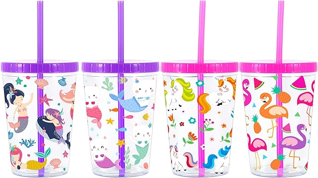 Home Tune 16oz Kids Tumbler Water Drinking Cup - BPA Free, Straw Lid Cup, Reusable, Lightweight, Spill-Proof Water Bottle with Cute Design for Girls & Boys - Flamingo, Kitty Mermaid, Unicorn 4 Pack