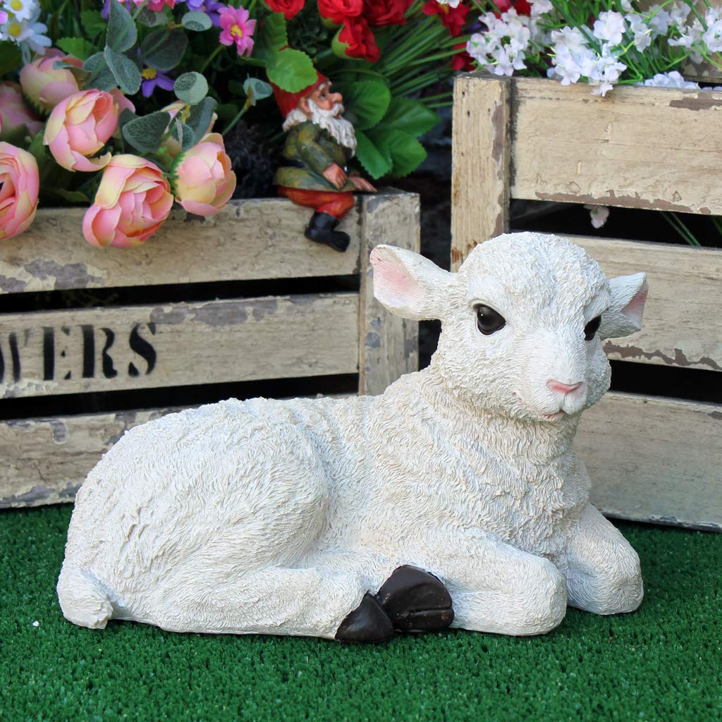 Small Laying Down Lamb Sculpture Resin Sheep Ornament Farm Yard Garden Decor Statue White New