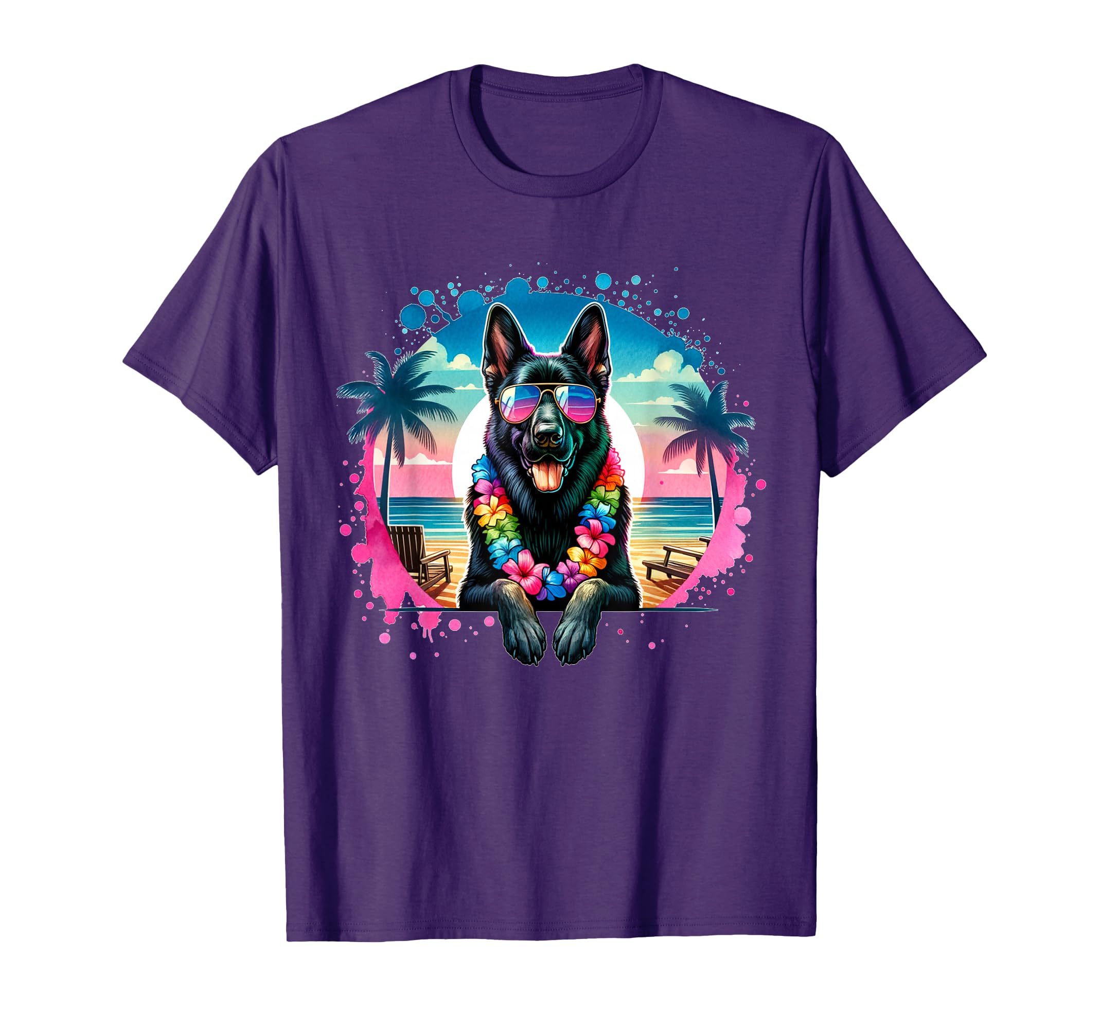Hawaiian Black German Shepherd Watercolor Tropical Summer T-Shirt