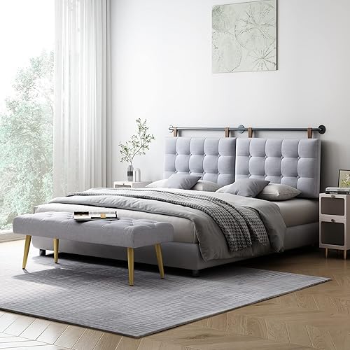 Miniatura 3 de Cabecera King Cabeceras para Camas Ajustables Respaldo Cabecera Montada en Pared con Acolchado de Botones Grises Cabecera Colgante para Dormitorio