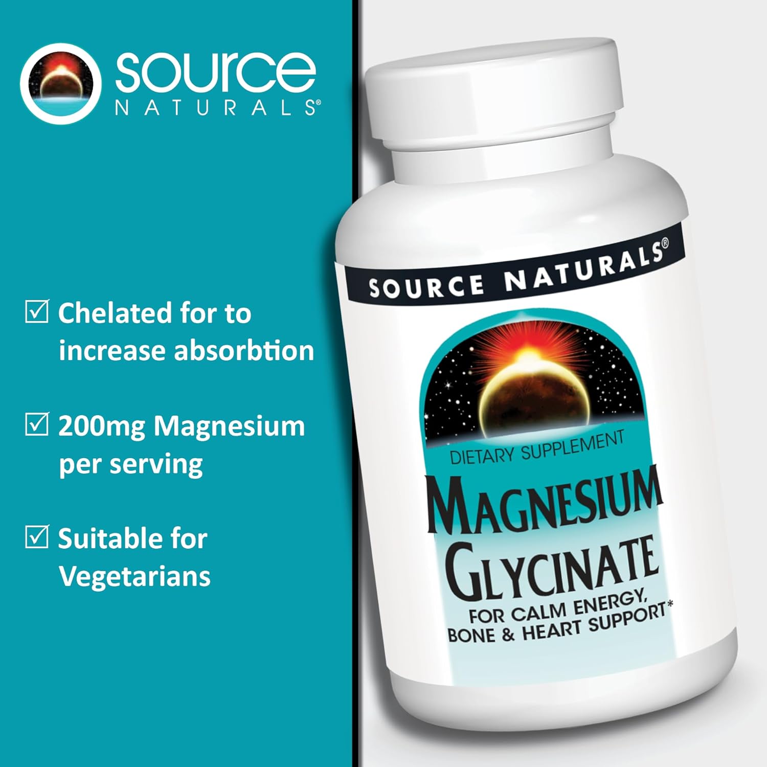 Source Naturals Magnesium Glycinate, Chelated for high Absorption | for Calm Energy, Bone & Heart Support*, 200 mg per Serving - 180 Tablets