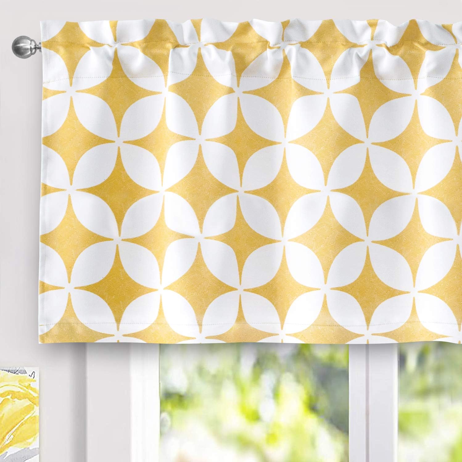 DriftAway Amelia Retro Geo Pattern Round Circle Star Print Blackout Valance Rod Pocket Curtain Single 52 Inch by 24 Inch Plus 2 Inch Header Yellow