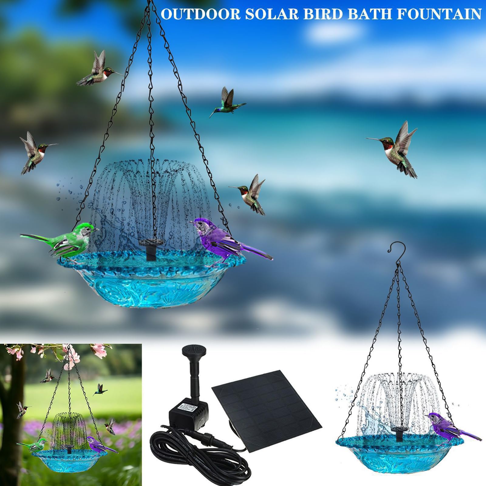 Vasca da Bagno per Uccelli con Fontana Solare | Fontana Solare con Pompa per Animali,Alimentatore per Uccelli con e Abbeveratoio,per Terrazzi, Cortili, Recinzioni, Balconi, Colonne