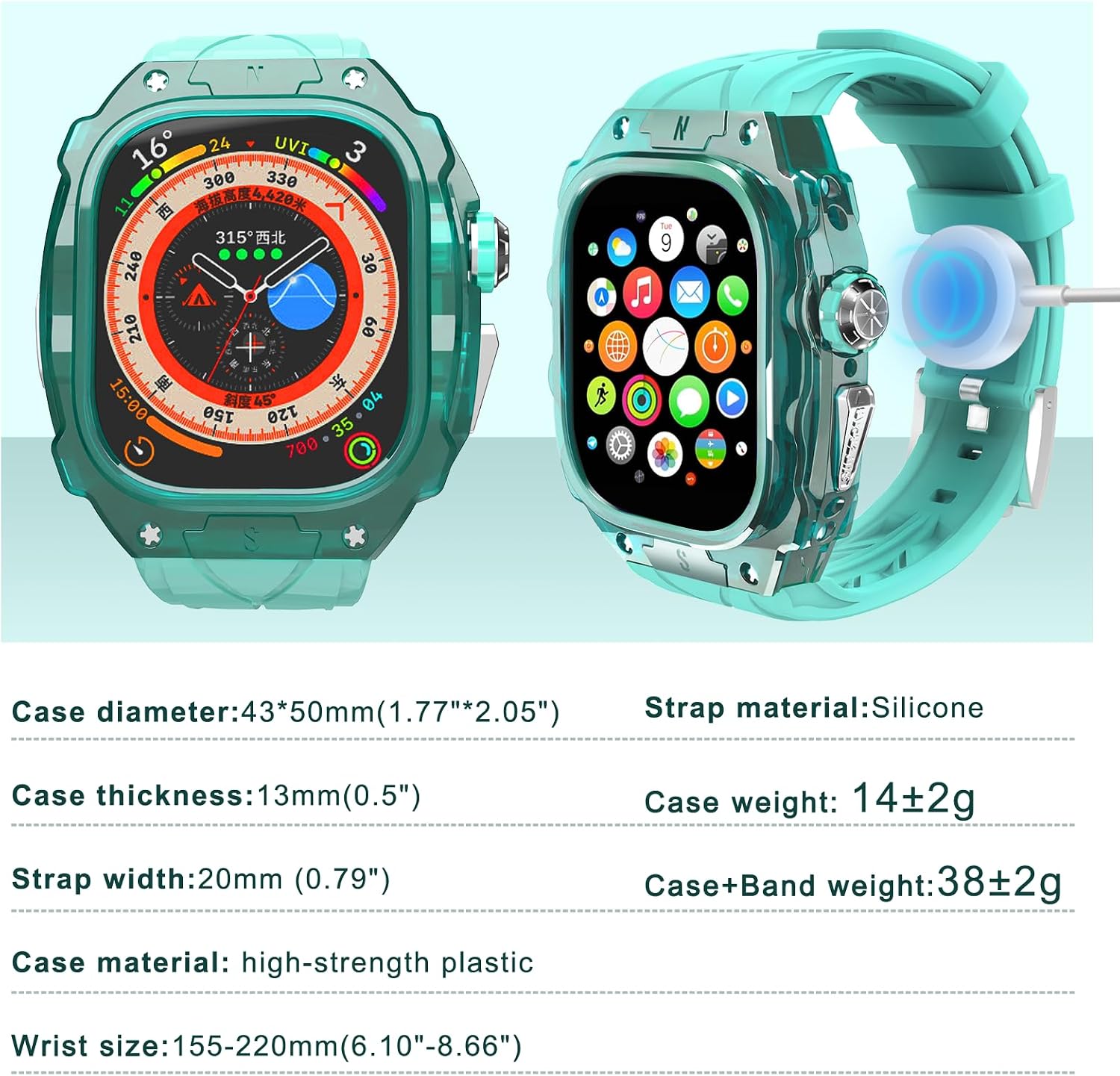 Luxury Translucent Smartwatch Case for Apple Watch Ultra 1/2 49mm, Fully Wrapped Lightweight Rugged case with Silicon Strap, Stainless Steel Buttons, Protective Cover for Men/Women (Mint Blue)