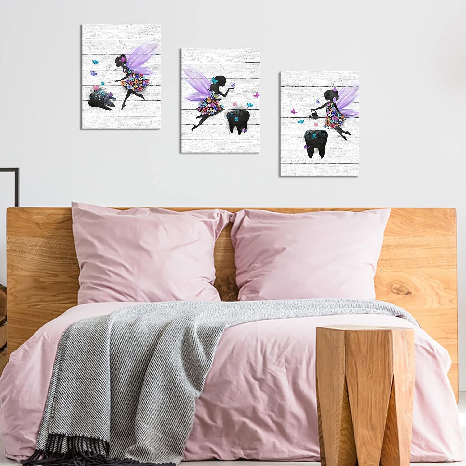 Apicoture Tooth Fairy Wall Decor - Kids Bathroom Wall Art Painting Prints For Little Girls Bathroom Picture Nursery Bedroom Dental Office Wall Framed 12in X 16in X 3panels