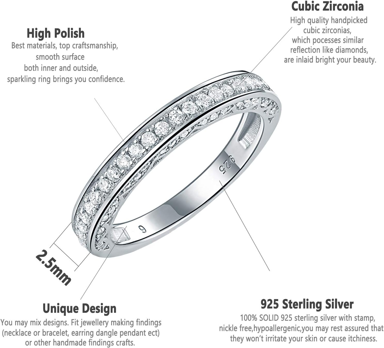 Newshe Jewellery Stackable Wedding Band Cubic Zirconia Engagement Rings for Women 925 Sterling Silver Eternity Anniversary Bridal Size 4-13 - Image 6
