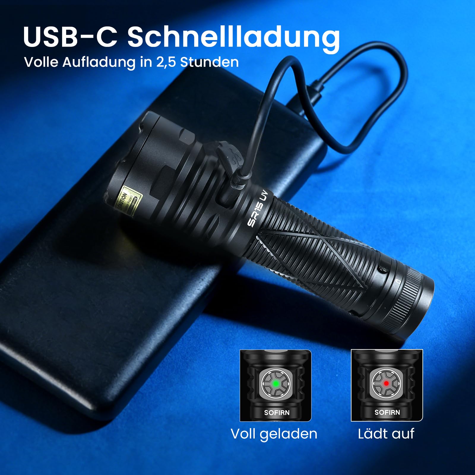 Sofirn SR15 UV Taschenlampe 365nm, UV Lampe Schwarzlicht Taschenlampen Aufladbar, IPX8 wasserdicht für Mineralien, Bernsteinsuche, Haustierurin-Erkennung, Harz, Reisen, Professionelle Inspektion