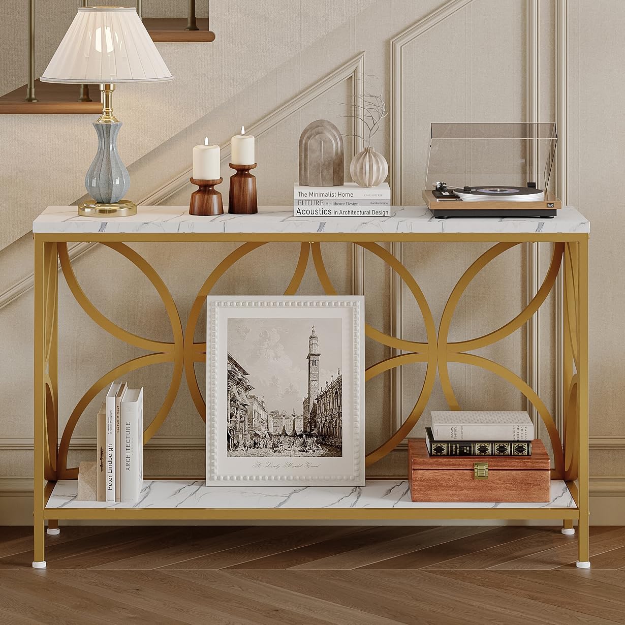 GiftGo Narrow Sofa Table 47.2 Inch, Industrial Sofa Table Behind Couch, Vintage Entry Console Table with Storage for Entryway, Living Room, Foyer, Elegant Design (White and Gold, 47.2)