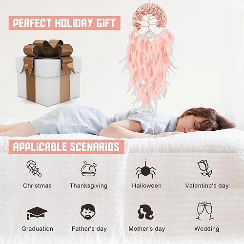 Miniatura 5 de Atrapasueños grandes del árbol de la vida, plumas de gallo rosa con ágata roja, atrapasueños de chakras hecho a mano para dormitorio, un