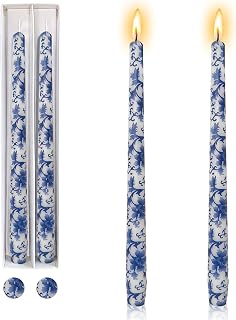 Floral Candlesticks Chinoiserie Candles - Set of 2 Blue and White Taper Candle 10 Inch Long Candle Sticks Dripless Tapered Candles for Home Decoration Wedding Party (8D2T-BLUWHT)