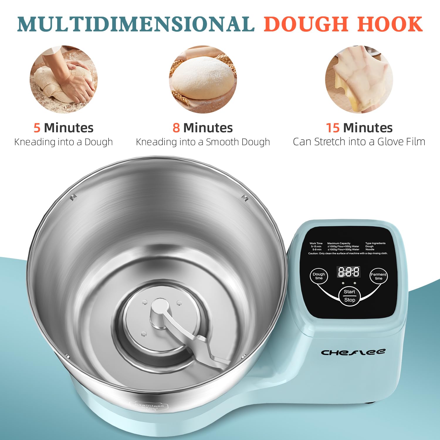 CHeflee Professional Dough Mixer, Smart Kneading and Fermenting Dough Maker, LED display &Adjustable Time, 250W 5.5 QT?304 Stainless Steel, White Dough Machine