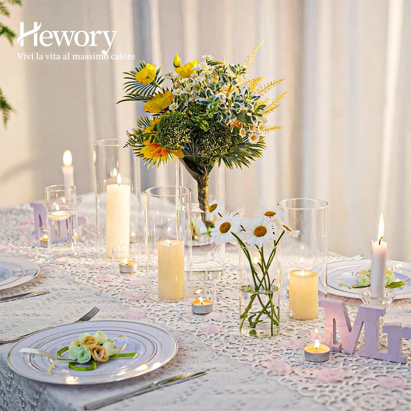Portacandele Vetro Vaso Candele Galleggianti: Hewory Set di 12 Porta Candela Cilindrici in Vetro Trasparente Vasi per Centrotavola Decorative Cilindrico Candelabro