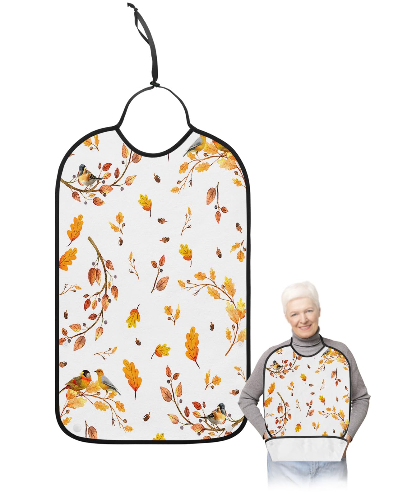 Fall Adult Bibs for Eating, Waterproof Bibs with Food Catcher & Adjustable Snap Closure, Orange Ombre Maple Leaf Autumn Botanical Birds Washable Clothing Protectors Adult Bibs for Elderly Women/Men