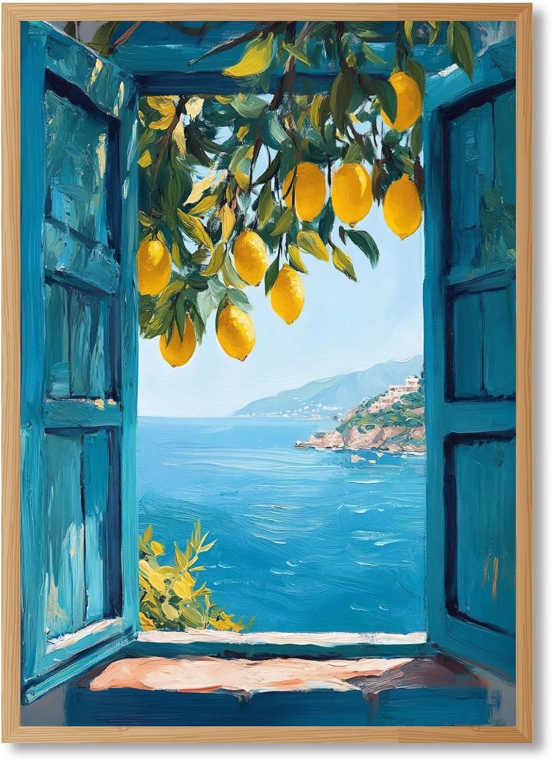 Licpach Mediterranean Window View Wall Art Italian Seaside Summer Landscape Canvas Print Poster Trendy Coastal Sea View Lemon Tree Wall Decor for Living Room Bedroom Kitchen 8x12inch Wooden Frame