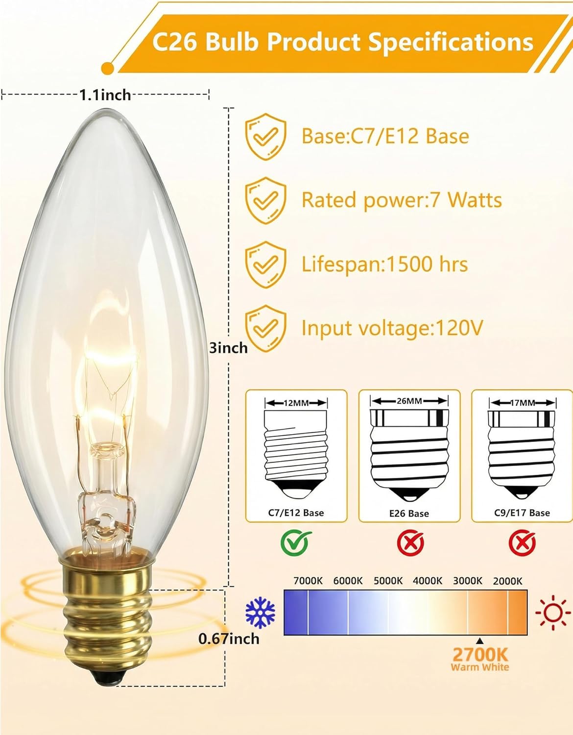 Oviejo 25 Pack Clear Torpedo Tip Replacement Bulbs, 7 Watt C26 Incandescent Bulbs for Electric Candle Lamps, Window Candles, Chandeliers, E12 Candelabra Base Light Bulbs