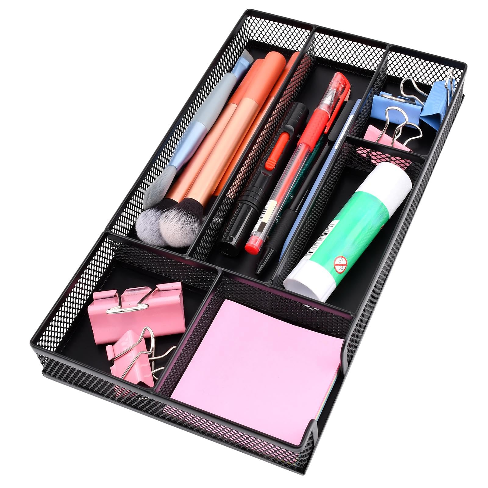 Desk Drawer Organizer Tray,11.02 x 6.1 x 1.46inch 6 Compartments Metal Mesh Dividers,Desk Organizers Storage Tray for Pens Organizer,for Desk Drawer Tray Box Accessories