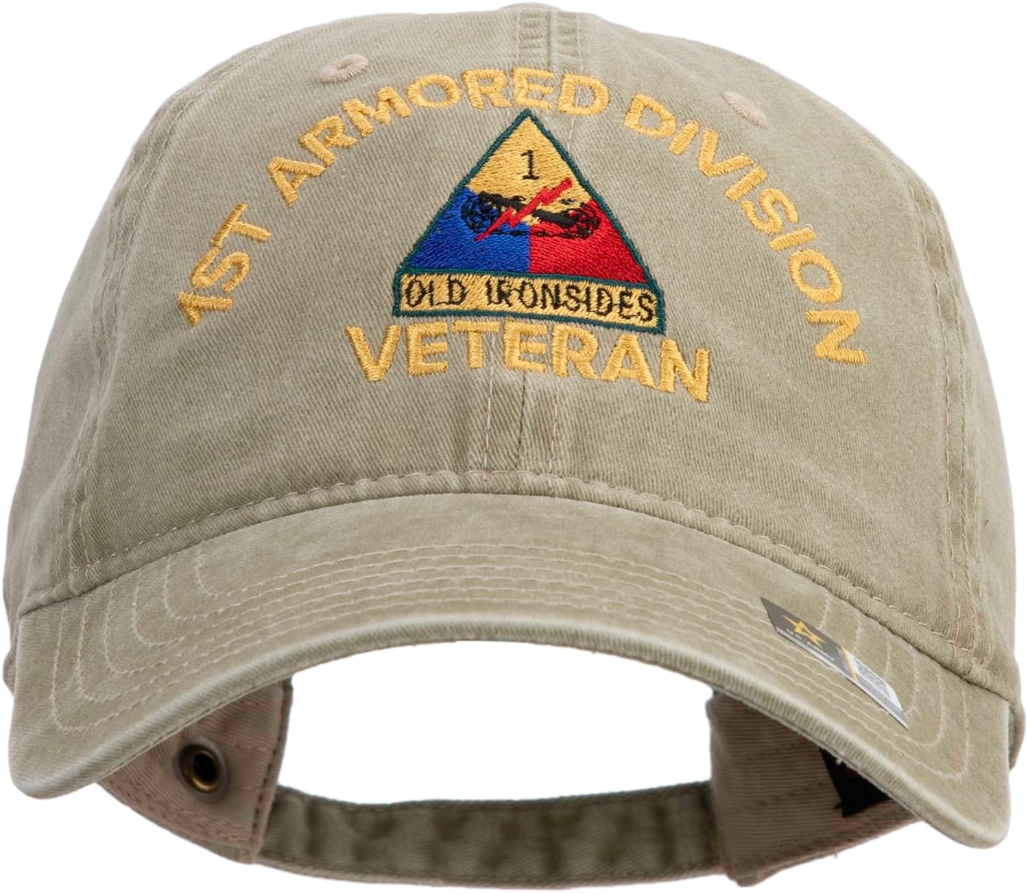 U.S. Army 1st Armored Division Embroidered Washed Solid Pigment Dyed Cotton Twill Brass Buckle Cap