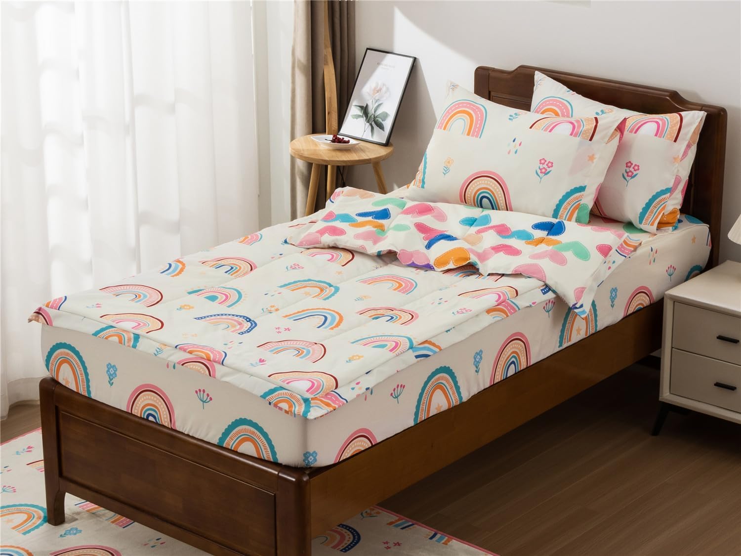 NTBED Rainbow Printed Zipper Bedding Sets Twin Lightweight Microfiber Heart Comforter Set with Fitted Sheet Pillow Covers,Beige - Image 6