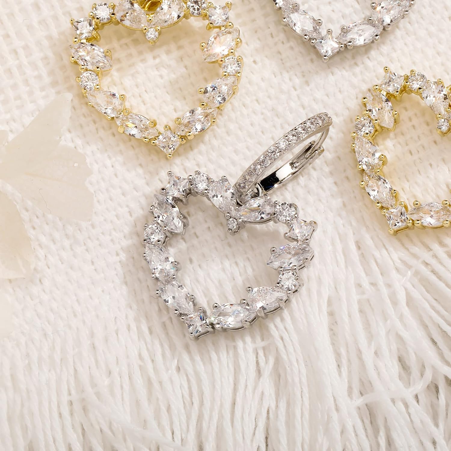 JINAO Hollow Heart Dangle Huggie Earrings 14K Gold Plated Iced Out Princess Pear Marquise Round Lab Simulated Diamond Cubic Zirconia Dangle Drop Hoop Heart Earrings for Men Women - Image 5