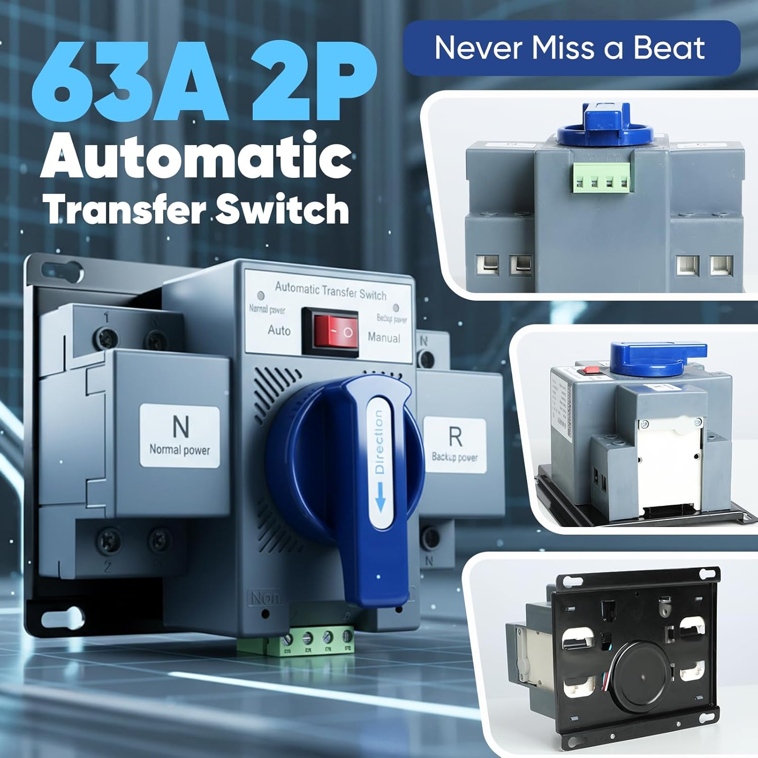 110V Automatic Transfer Switch, 2P 63A ATS Generator Changeover, 50/60Hz Dual-Power Changeover with Auto/Manual Modes, ~2s Transfer, Rotary Type, Clamp Terminals, CE Certified