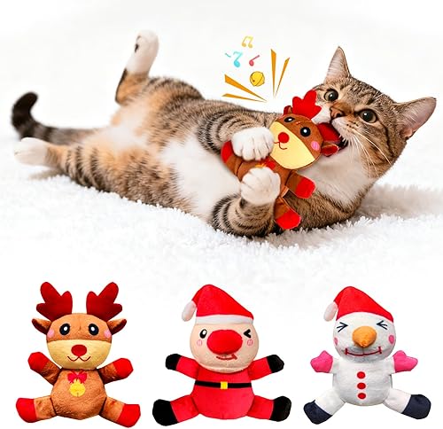 3 juguetes de Navidad para gatos, interactivos rellenos de hierba gatera, juguetes masticables para dentición, lindos juguetes de ejercicio de